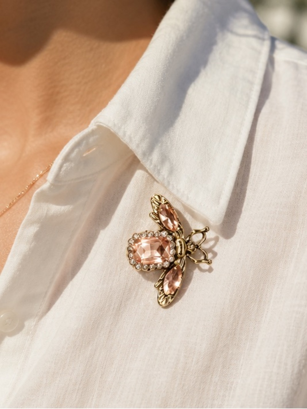 Gold Bee Brooch with Pink Gemstones - Women's Jewelry
